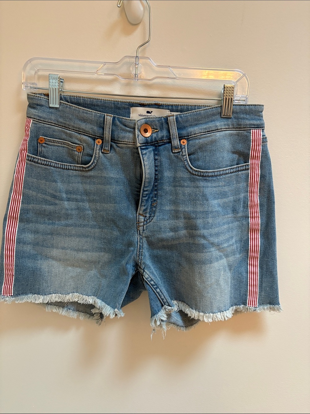 Vineyard Vines Blue Denim Shorts with Red Side Stripes